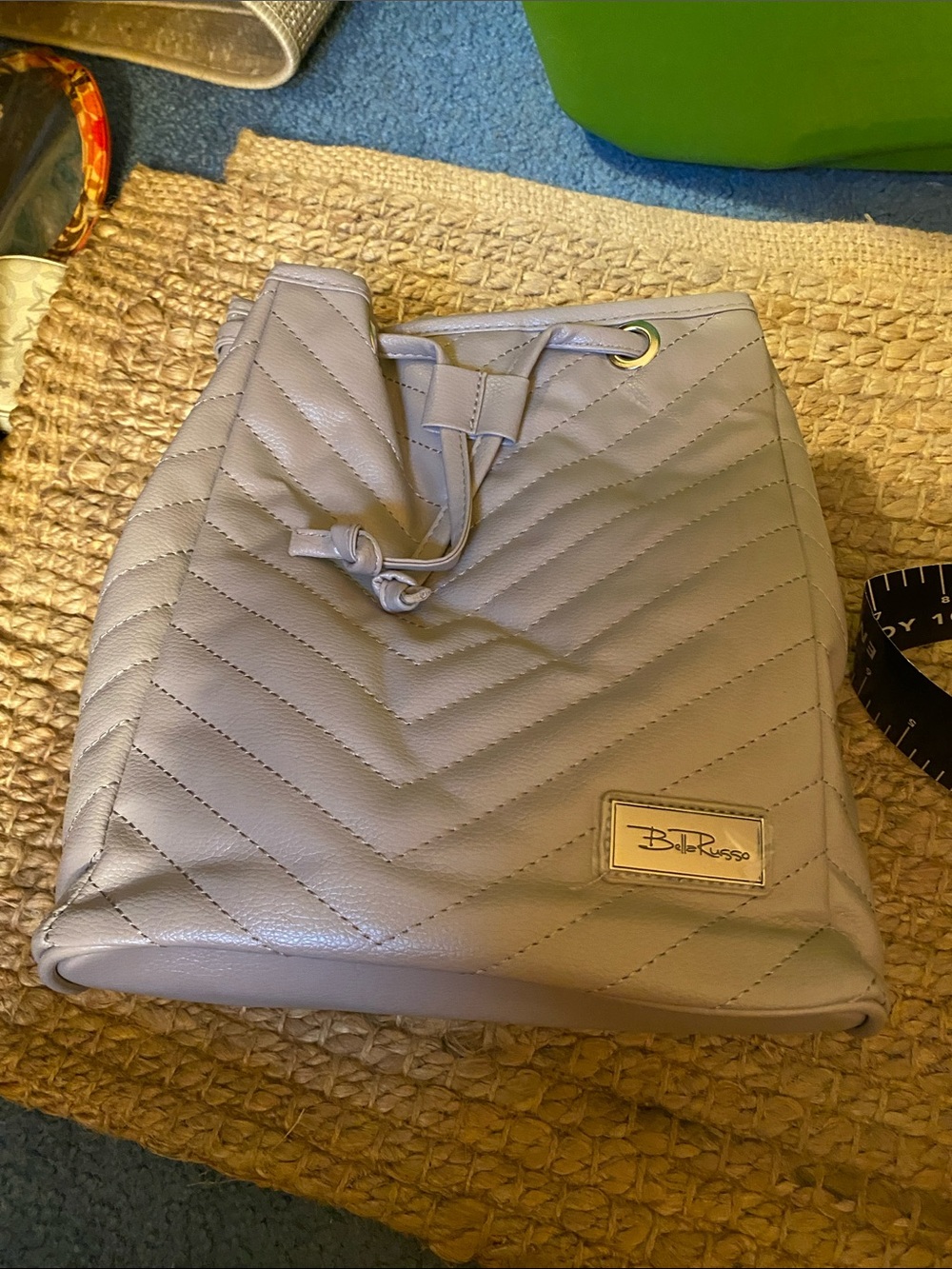 Quilted Drawstring Bucket Bag in Light Gray